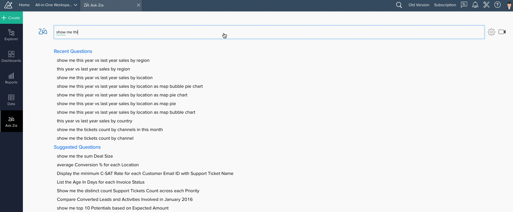 Zia – der Zia Assistent für die Erstellung von Abfragen in Zoho Analytics