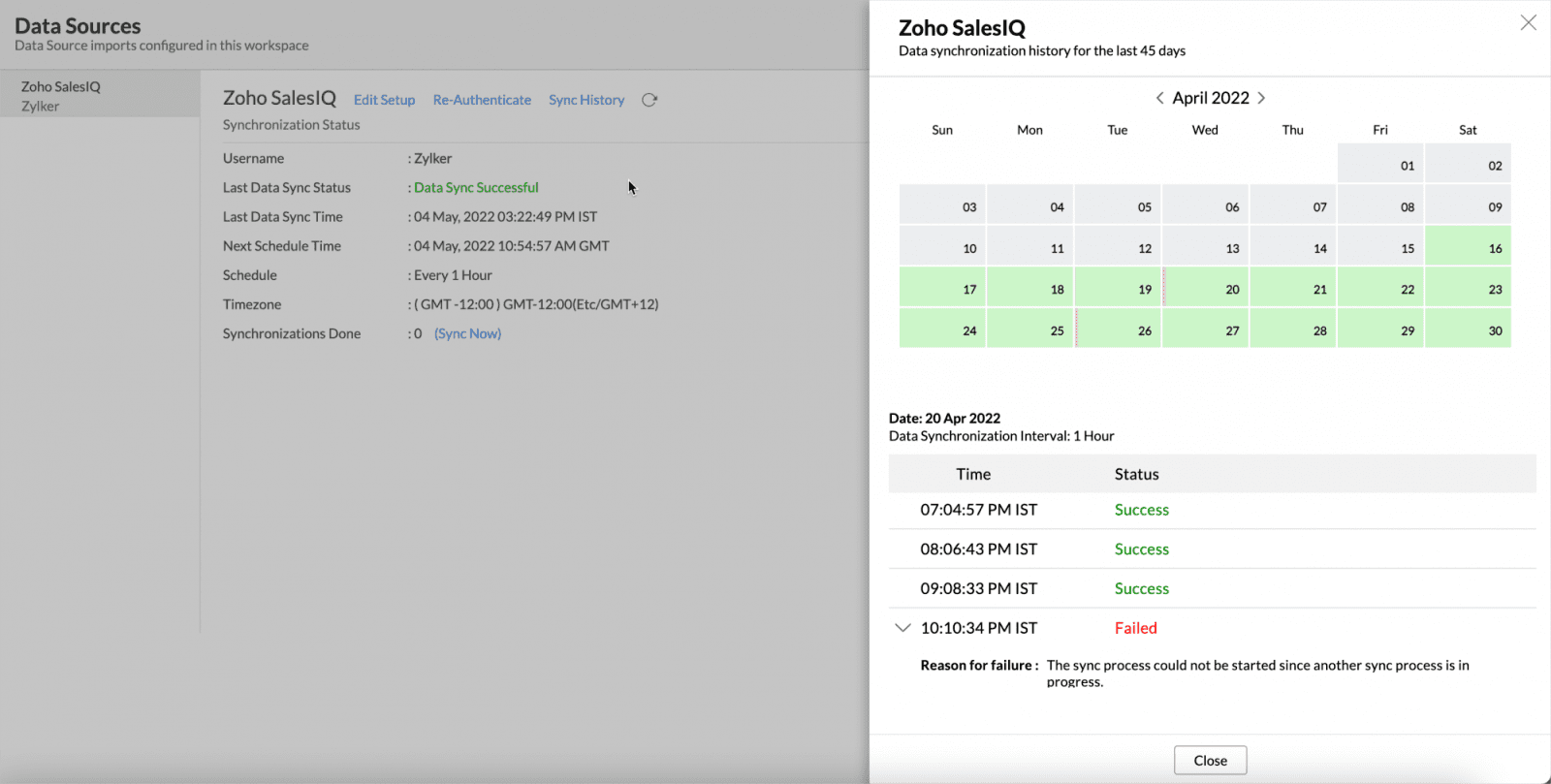 Synchronisierungsverlauf von zoho analytics